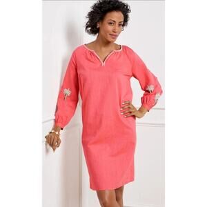 Talbots Linen Coral Long Sleeve Embroidered Beaded Resort Beach Shift Dress S